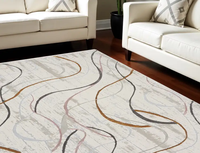 Ivory Black and Brown Abstract Non Skid Area Rug Photo 1