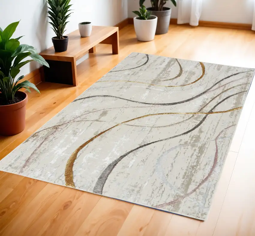Ivory Black and Brown Abstract Non Skid Area Rug Photo 1