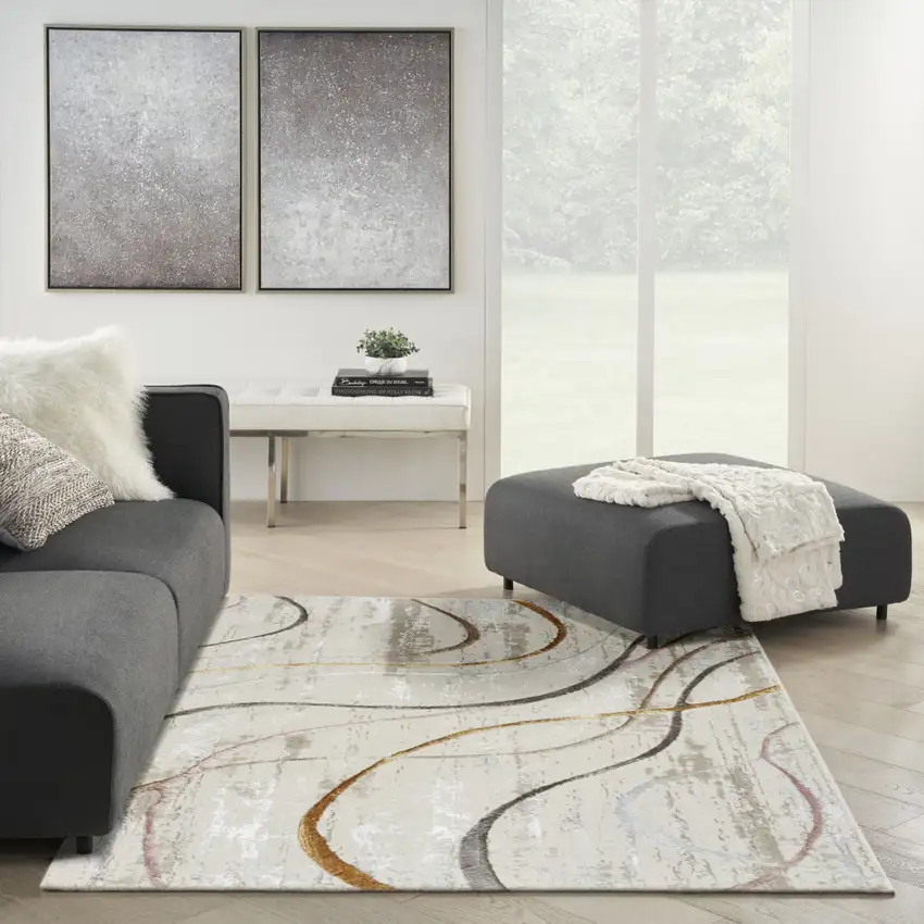 Ivory Black and Brown Abstract Non Skid Area Rug Photo 3