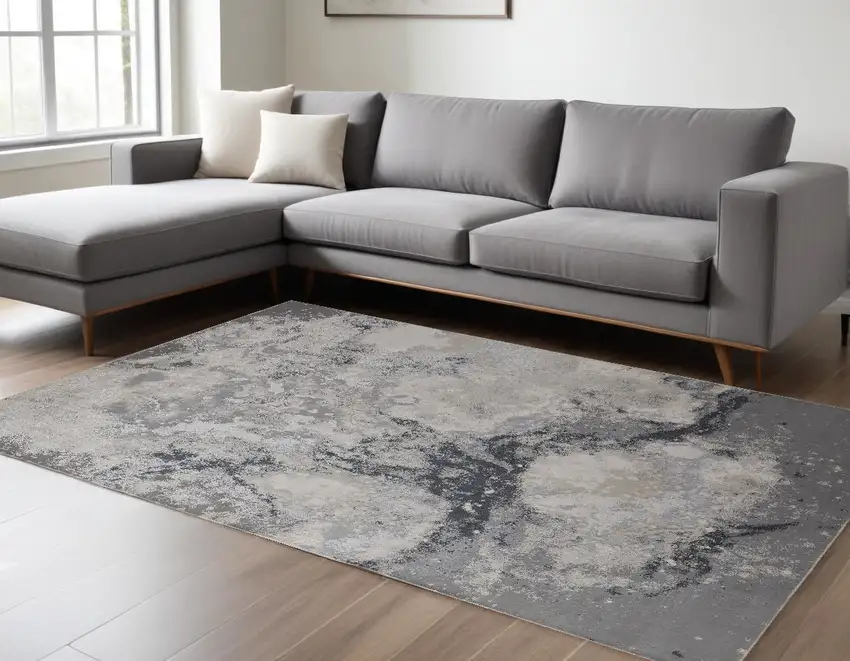 Ivory Black and Gray Abstract Area Rug Photo 1