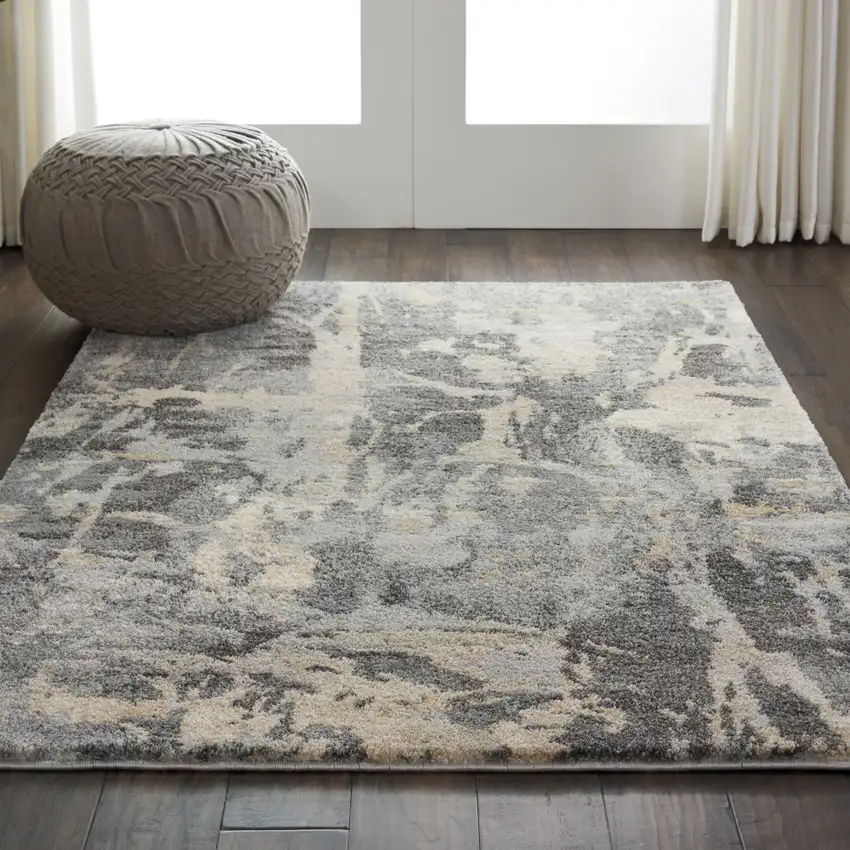Ivory Black and Gray Abstract Distressed Area Rug Photo 5