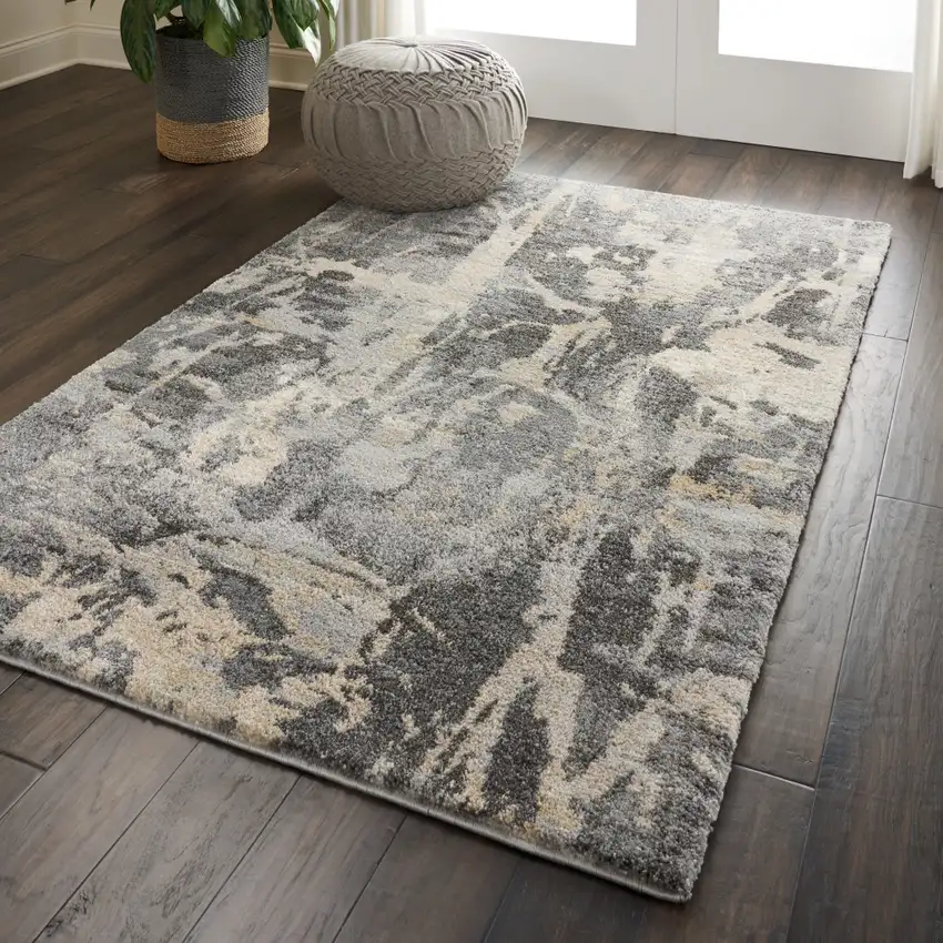 Ivory Black and Gray Abstract Distressed Area Rug Photo 6