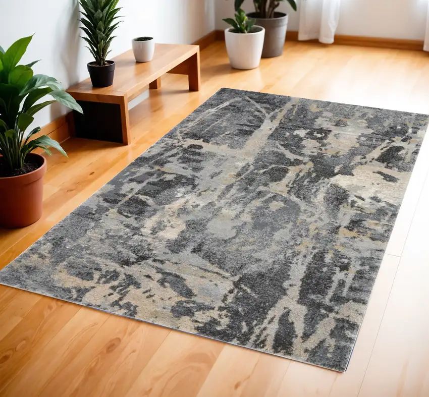 Ivory Black and Gray Abstract Distressed Area Rug Photo 1