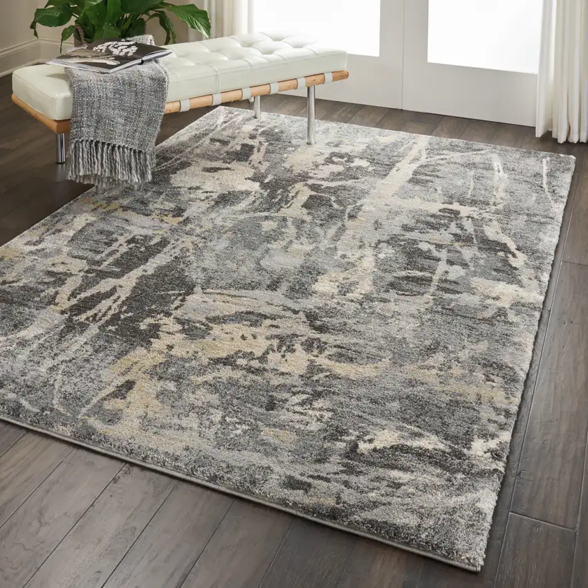 Ivory Black and Gray Abstract Distressed Area Rug Photo 4