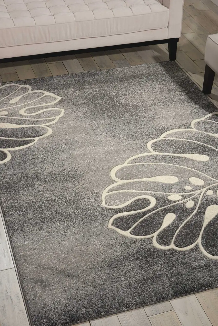 Ivory Black and Gray Botanical Leaves Area Rug Photo 5