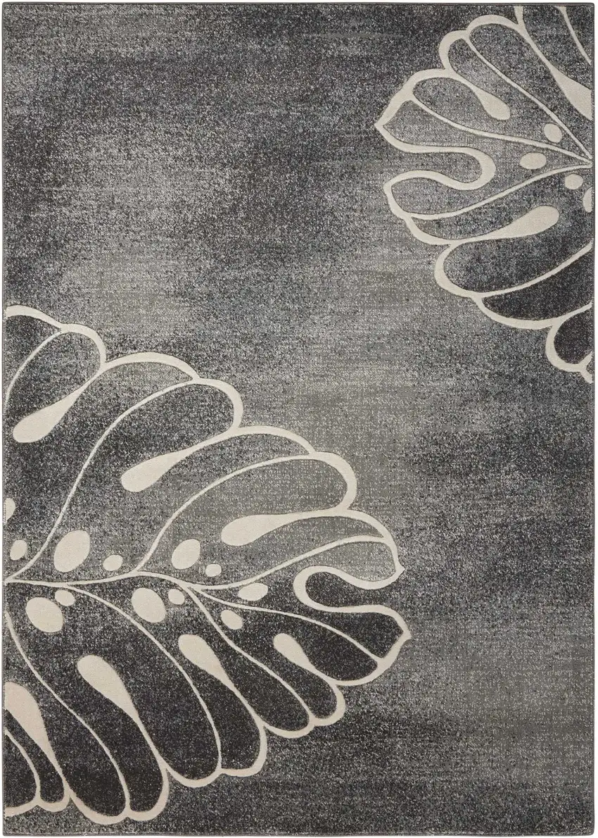 Ivory Black and Gray Botanical Leaves Area Rug Photo 1