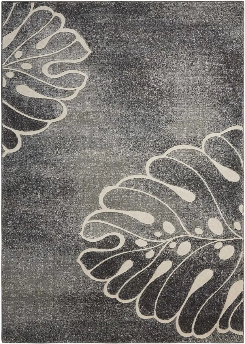 Ivory Black and Gray Botanical Leaves Area Rug Photo 2