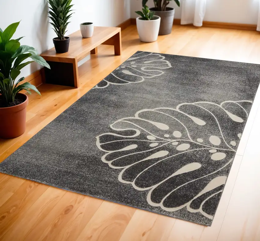Ivory Black and Gray Botanical Leaves Area Rug Photo 1
