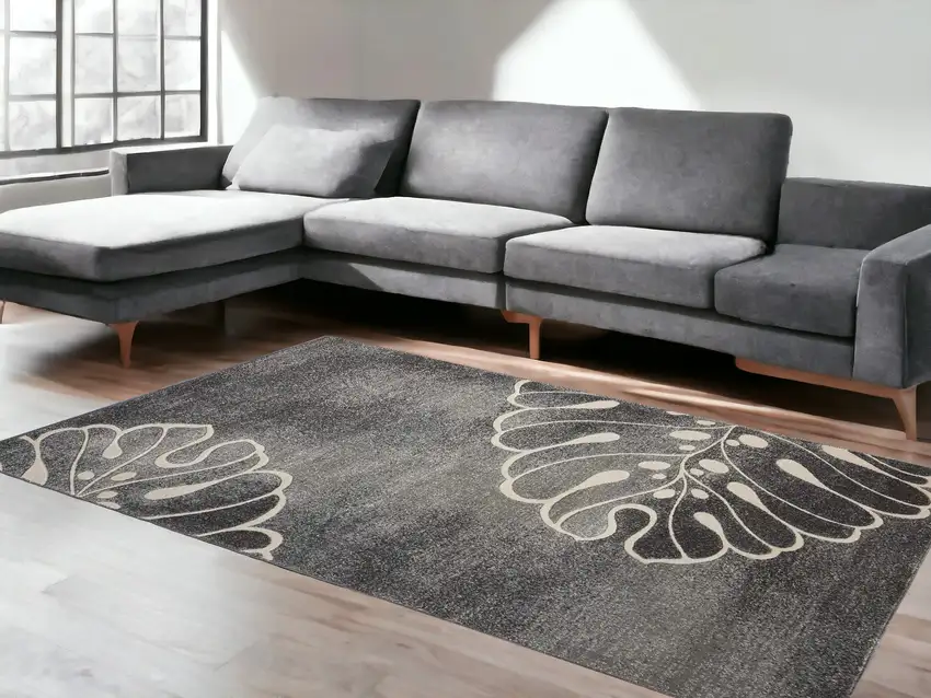 Ivory Black and Gray Botanical Leaves Area Rug Photo 1