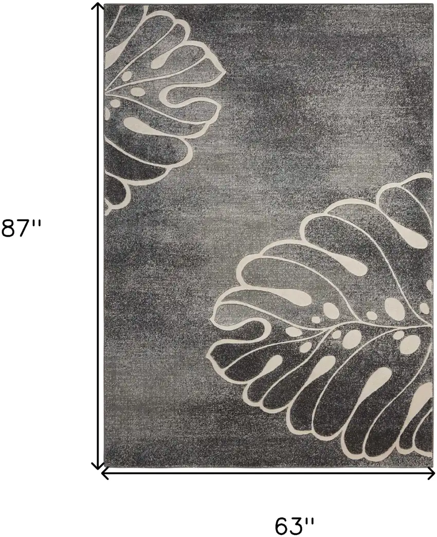 Ivory Black and Gray Botanical Leaves Non Skid Area Rug Photo 3