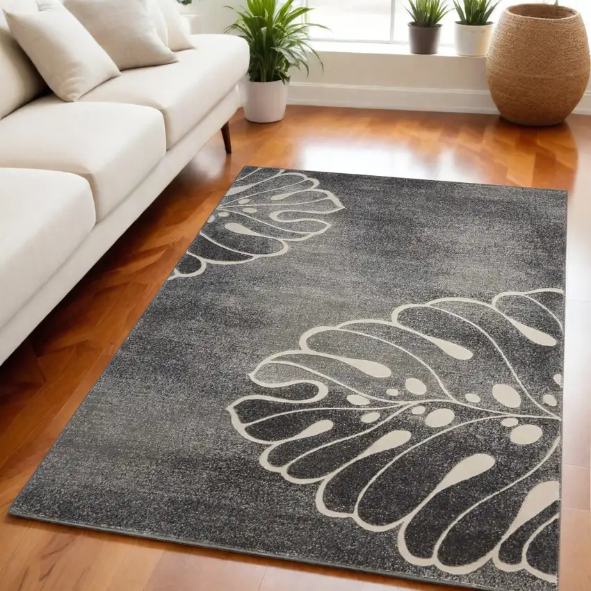 Ivory Black and Gray Botanical Leaves Non Skid Area Rug Photo 1