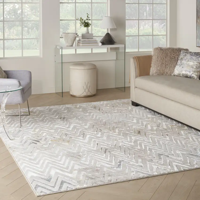 Ivory Black and Gray Chevron Distressed Non Skid Area Rug Photo 5