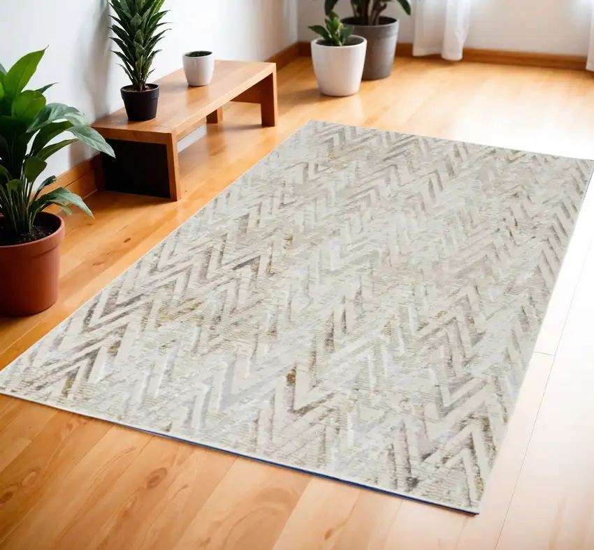 Ivory Black and Gray Chevron Distressed Non Skid Area Rug Photo 1