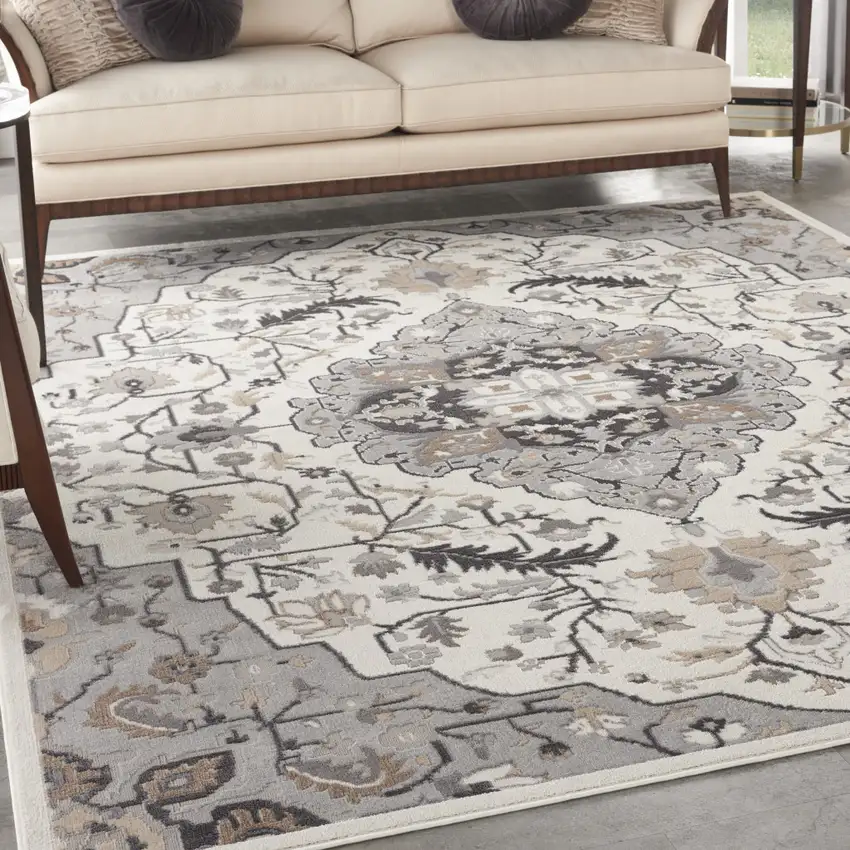 Ivory Black and Gray Floral Medallion Non Skid Area Rug Photo 3
