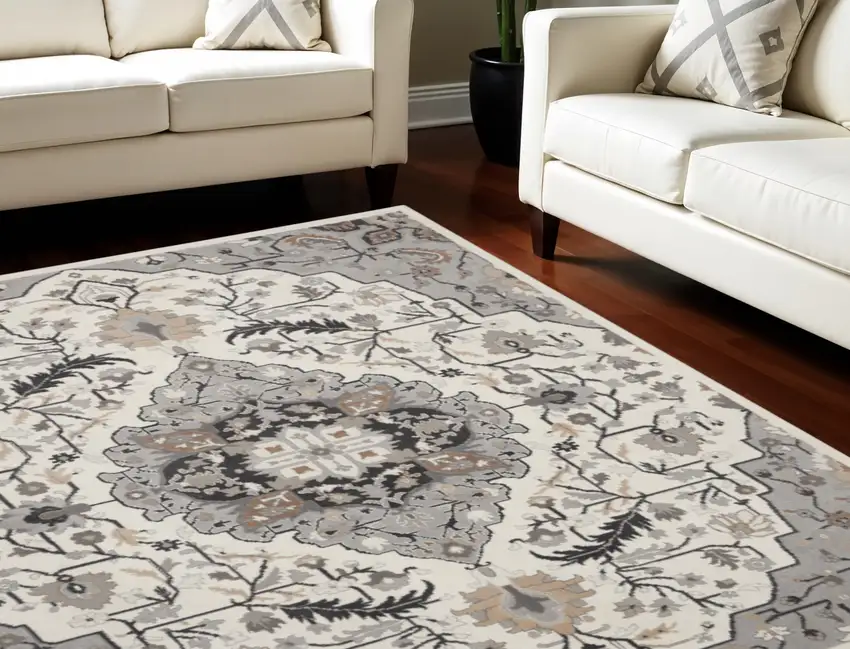 Ivory Black and Gray Floral Medallion Non Skid Area Rug Photo 1
