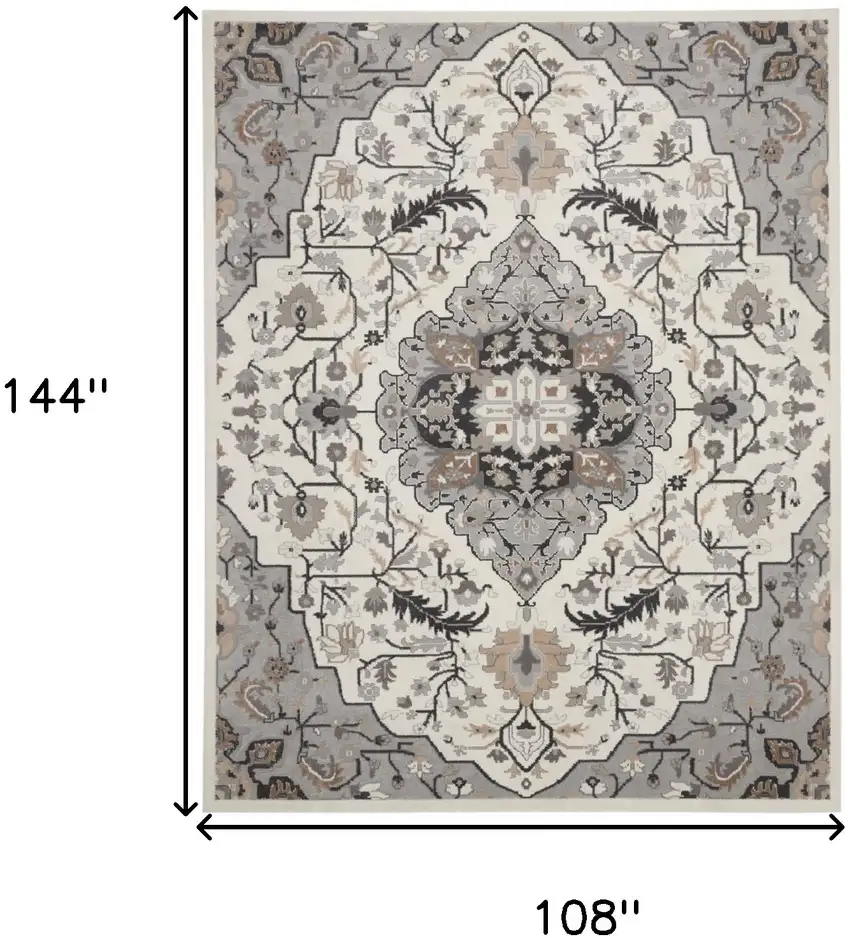 Ivory Black and Gray Floral Medallion Non Skid Area Rug Photo 3
