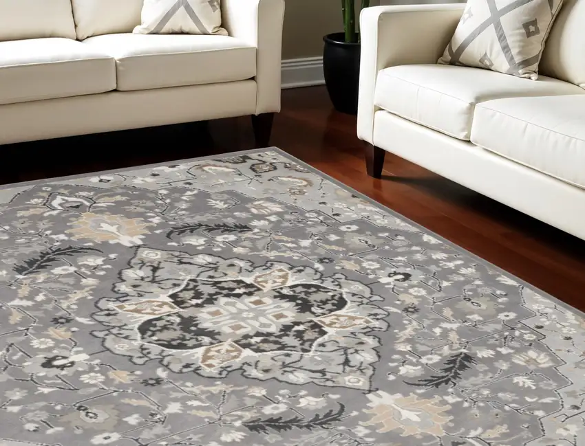 Ivory Black and Gray Floral Medallion Non Skid Area Rug Photo 1
