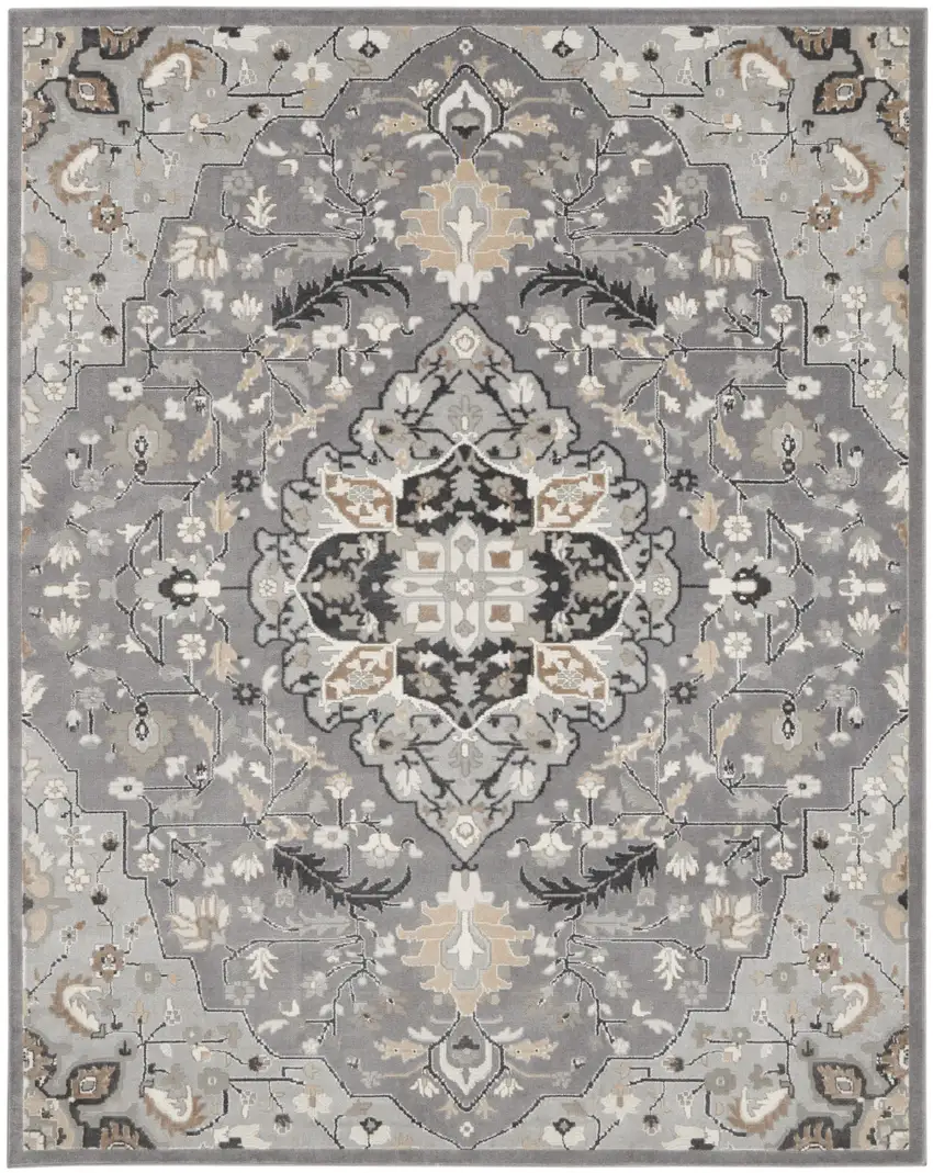 Ivory Black and Gray Floral Medallion Non Skid Area Rug Photo 1