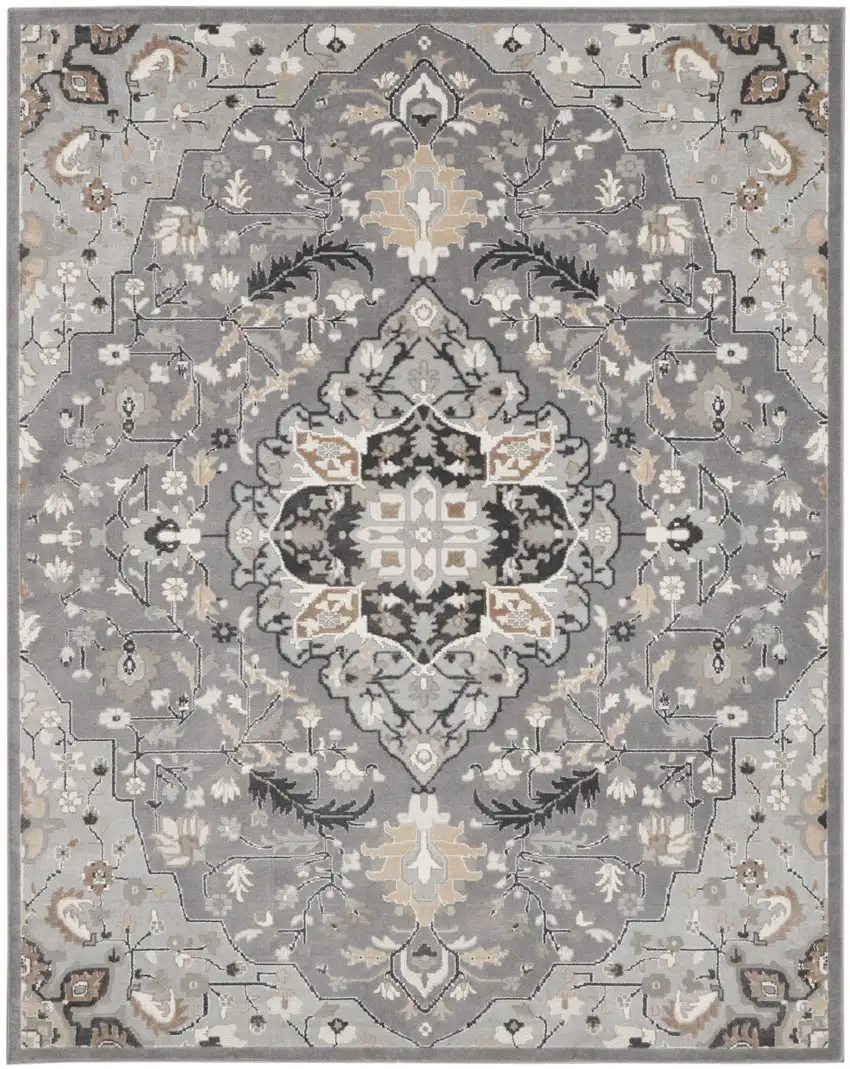 Ivory Black and Gray Floral Medallion Non Skid Area Rug Photo 2