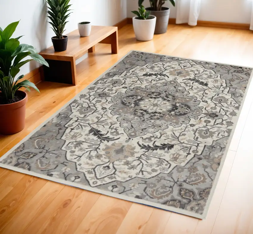 Ivory Black and Gray Floral Medallion Non Skid Area Rug Photo 1