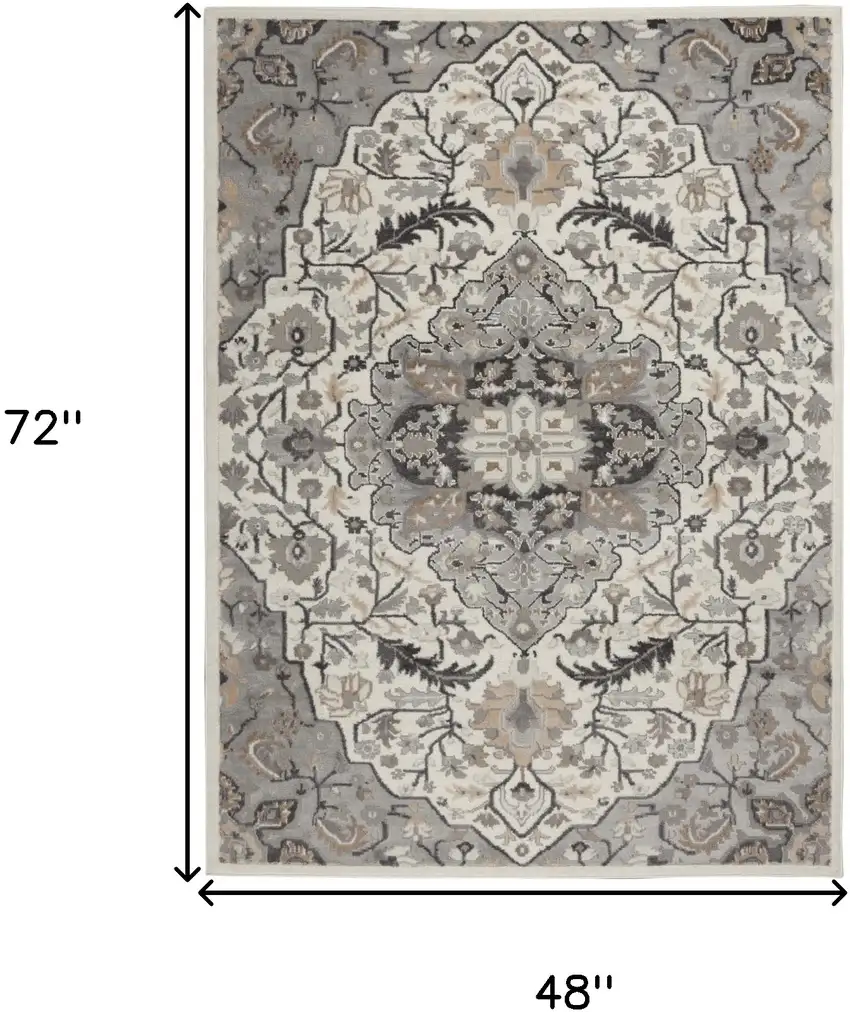 Ivory Black and Gray Floral Medallion Non Skid Area Rug Photo 3