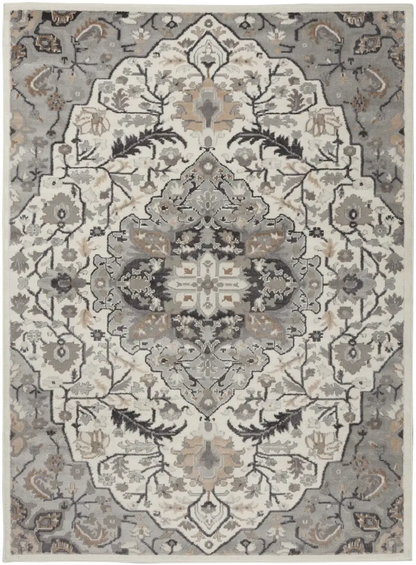 Ivory Black and Gray Floral Medallion Non Skid Area Rug Photo 9