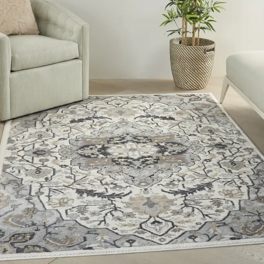 Ivory Black and Gray Floral Non Skid Area Rug Photo 3