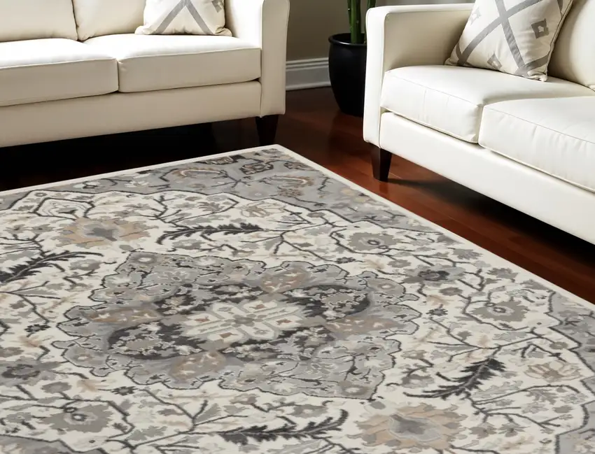 Ivory Black and Gray Floral Non Skid Area Rug Photo 1