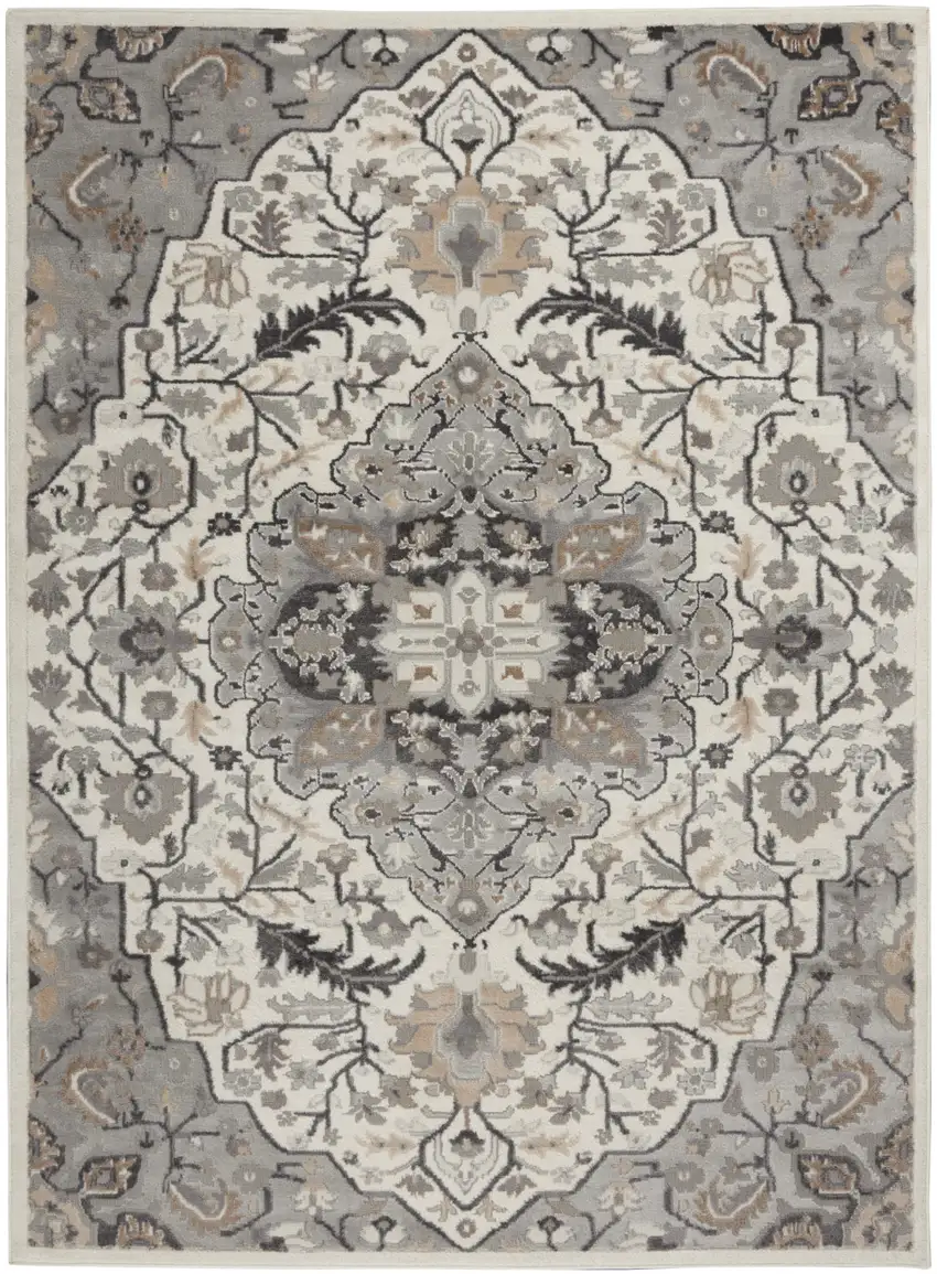 Ivory Black and Gray Floral Non Skid Area Rug Photo 9