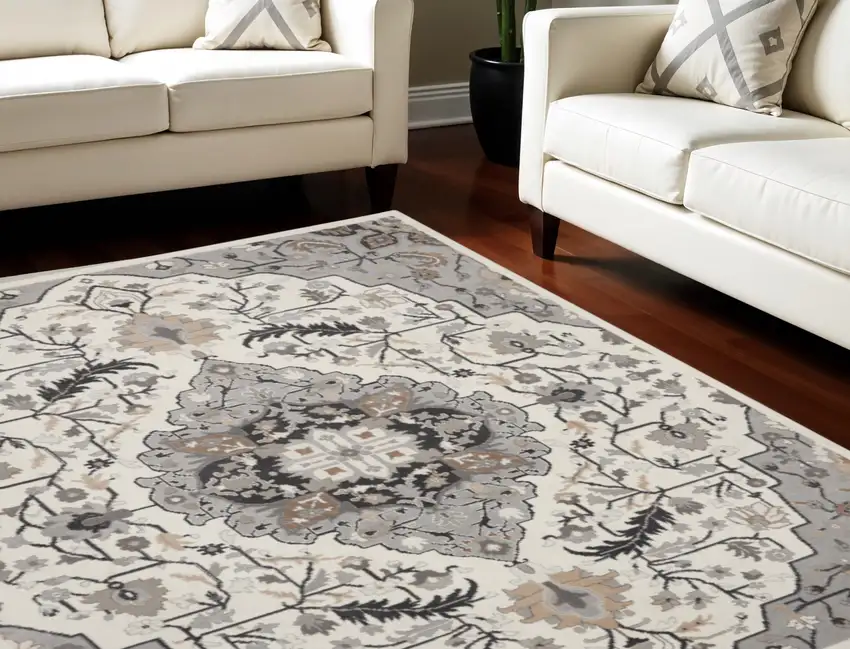 Ivory Black and Gray Floral Non Skid Area Rug Photo 1