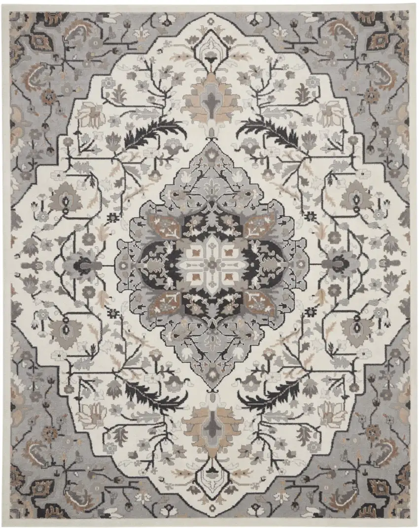 Ivory Black and Gray Floral Non Skid Area Rug Photo 2
