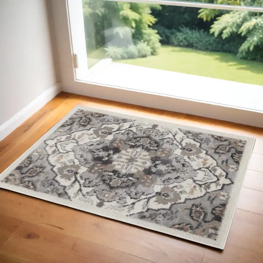 Ivory Black and Gray Floral Non Skid Area Rug Photo 2