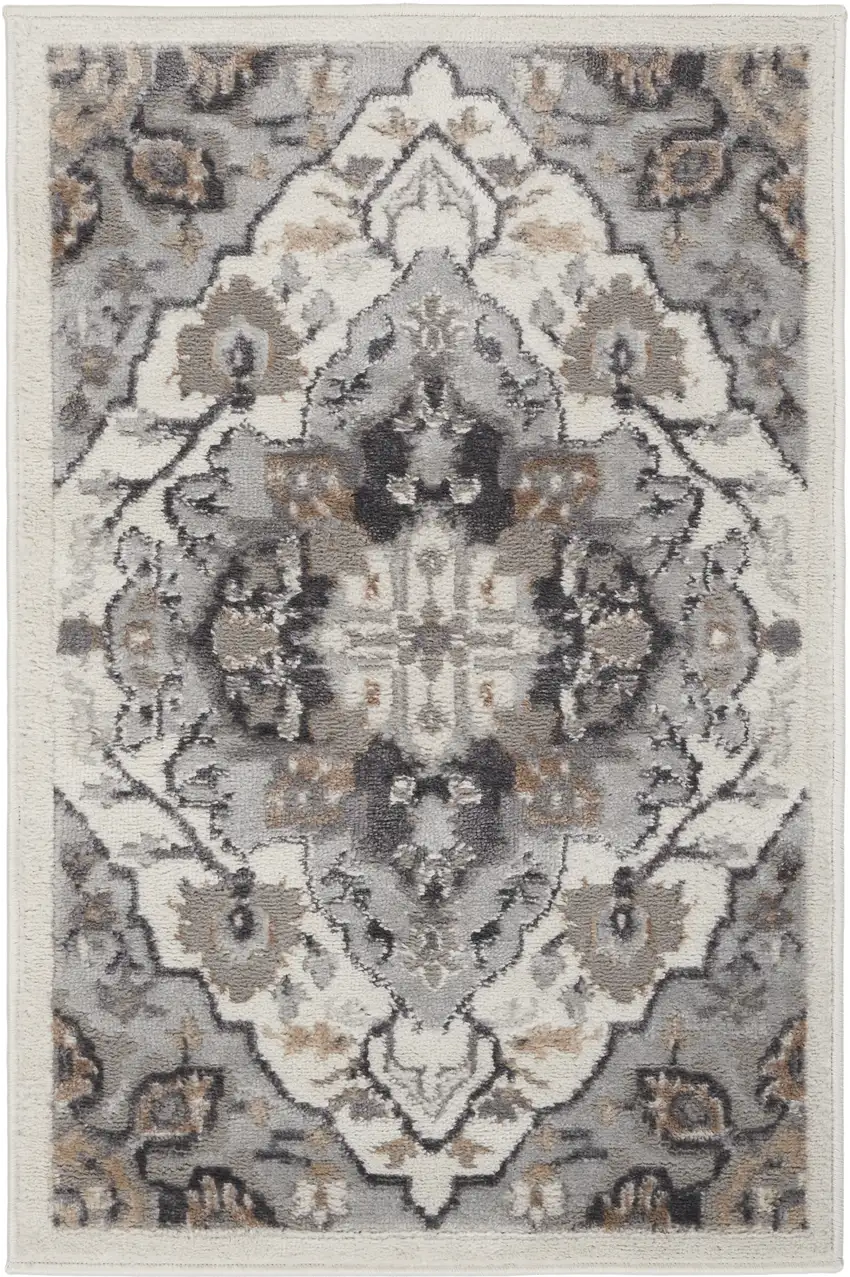 Ivory Black and Gray Floral Non Skid Area Rug Photo 1