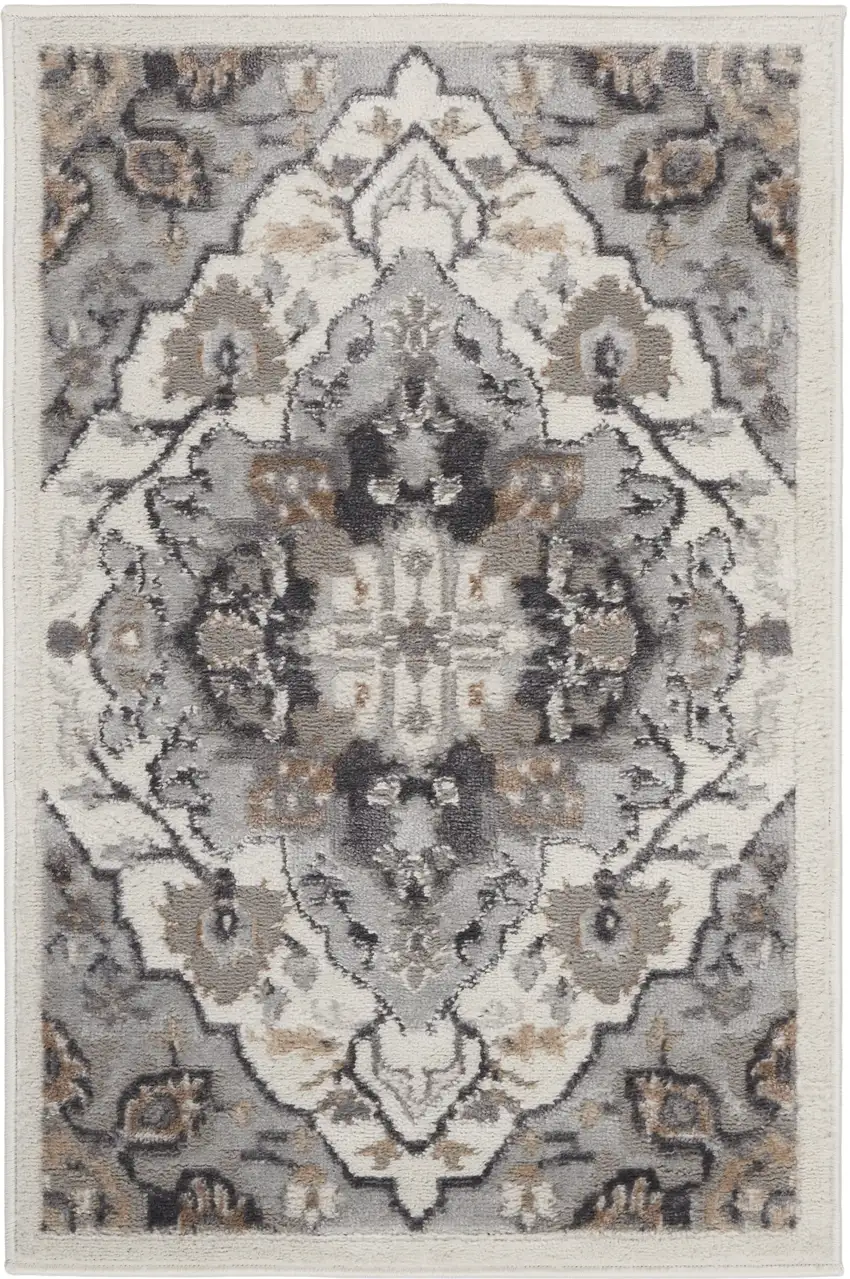 Ivory Black and Gray Floral Non Skid Area Rug Photo 7