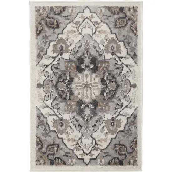 Ivory Black and Gray Floral Non Skid Area Rug Photo 3