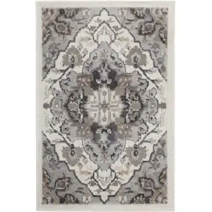 Photo of Ivory Black and Gray Floral Non Skid Area Rug