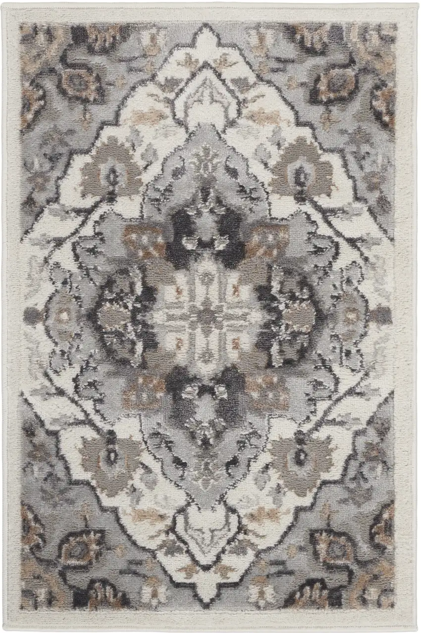 Ivory Black and Gray Floral Non Skid Area Rug Photo 2