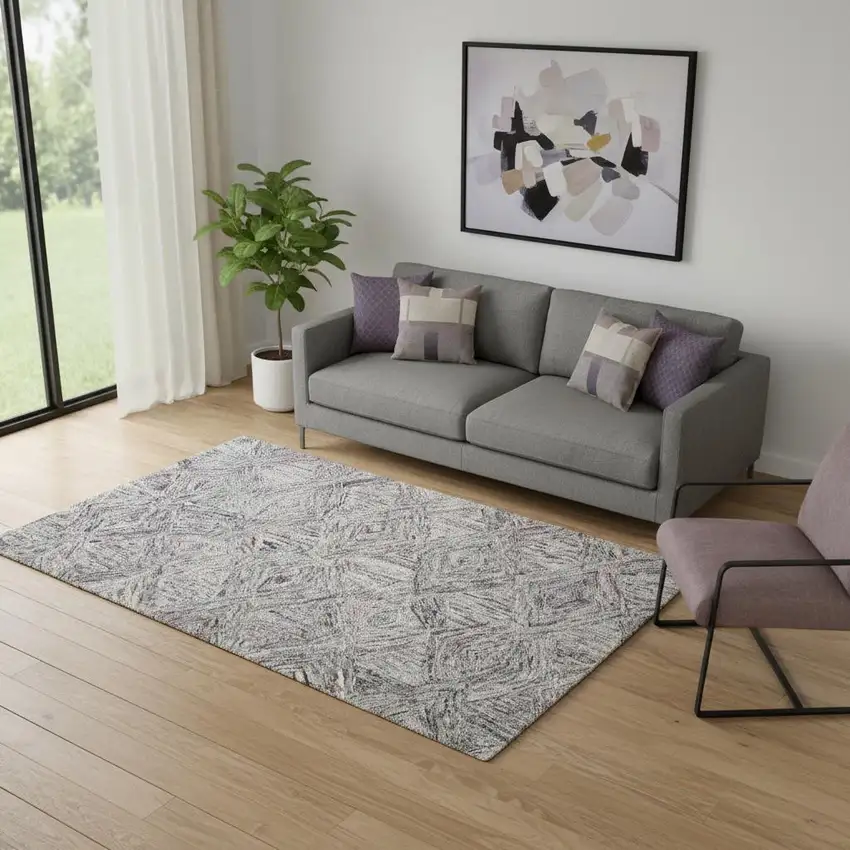 Ivory Black and Gray Wool Geometric Area Rug Photo 1