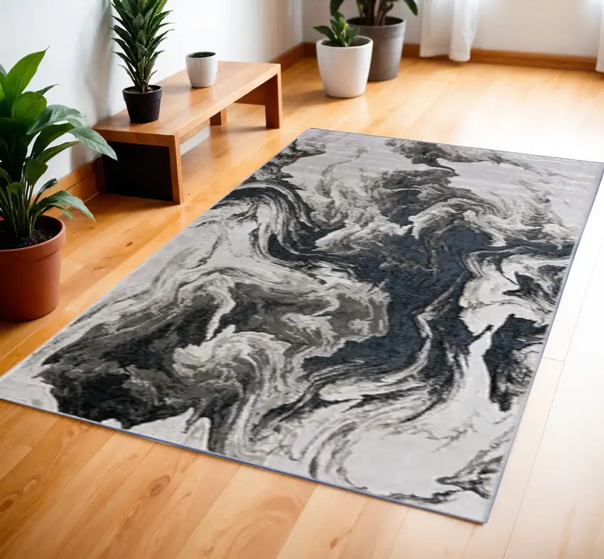 Ivory Black and Taupe Abstract Power Loom Area Rug Photo 2