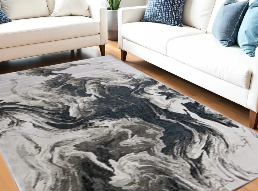Ivory Black and Taupe Abstract Power Loom Area Rug Photo 2