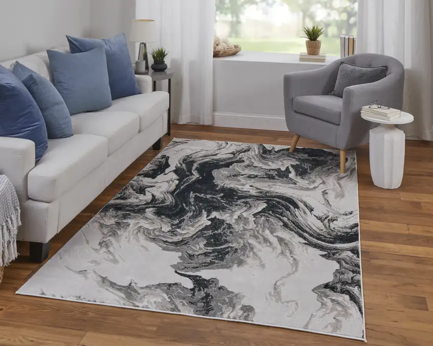 Ivory Black and Taupe Abstract Power Loom Area Rug Photo 9