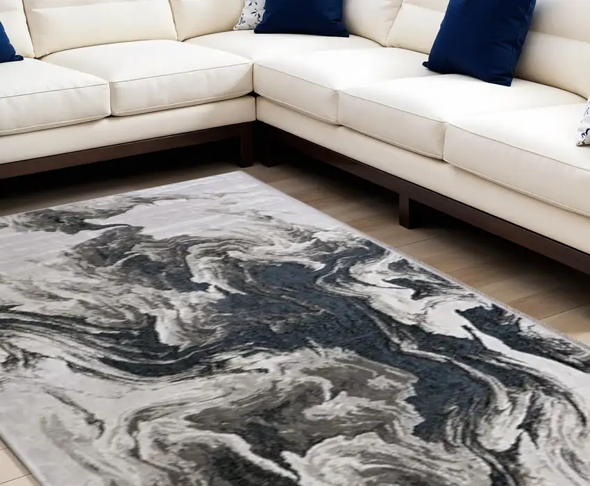 Ivory Black and Taupe Abstract Power Loom Area Rug Photo 2