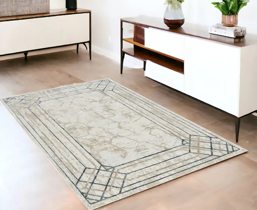 Ivory Black and Taupe Geometric Non Skid Area Rug Photo 1