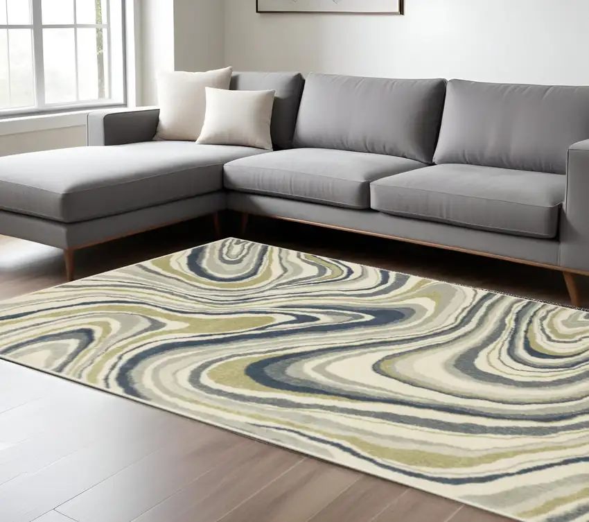 Ivory Blue And Beige Abstract Power Loom Stain Resistant Area Rug Photo 1