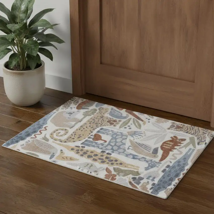 Ivory Blue And Beige Animal Print Area Rug Photo 1