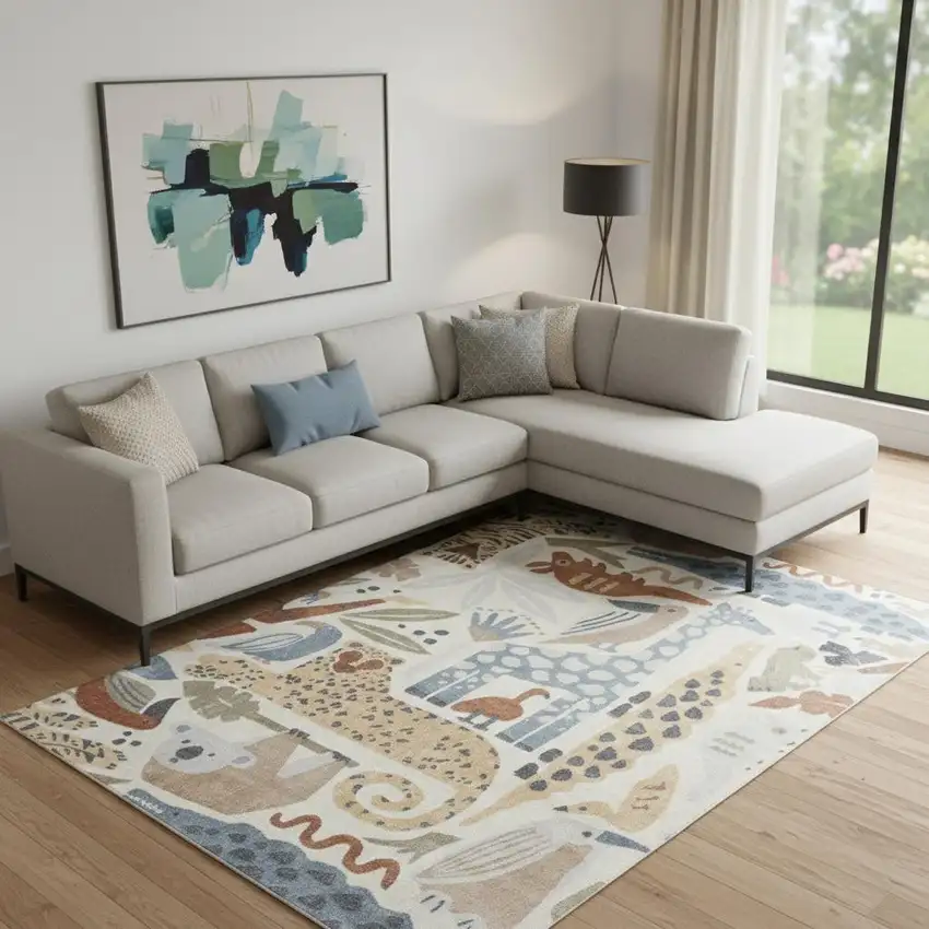 Ivory Blue And Beige Animal Print Area Rug Photo 1