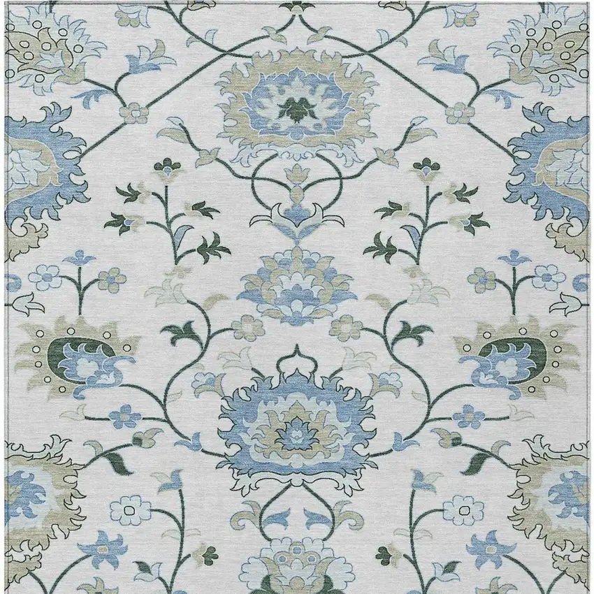 Ivory Blue And Beige Floral Washable Indoor Outdoor Area Rug Photo 4