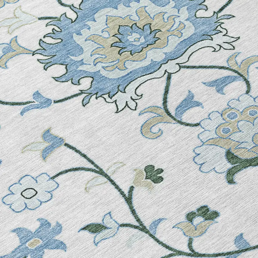 Ivory Blue And Beige Floral Washable Indoor Outdoor Area Rug Photo 7