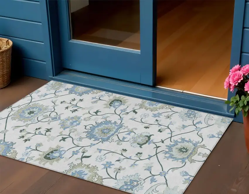 Ivory Blue And Beige Floral Washable Indoor Outdoor Area Rug Photo 1
