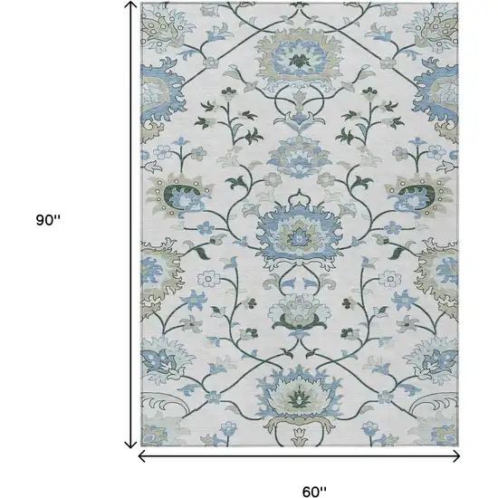 Ivory Blue And Beige Floral Washable Indoor Outdoor Area Rug Photo 3